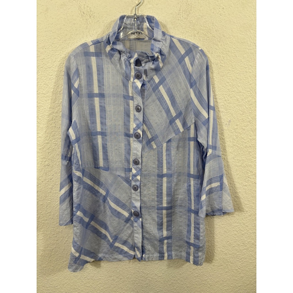 Terra ST Apparel Tunic Shirt Womens Small Blue Plaid Lagenlook 3/4 Sleeve